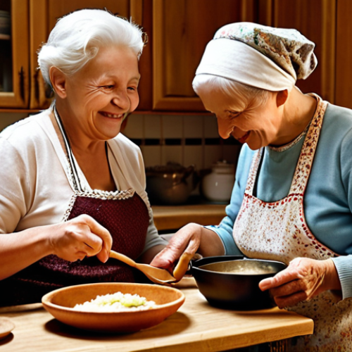 Home 15 **Image Prompt:** A cozy, warmly lit kitchen scene in Poland. An elderly Polish grandmother (babcia) is teaching her grandchild how to cook a traditional Polish dish. They are both smiling and using old, wooden utensils. Focus on the details that suggest a connection to the past, like traditional clothing or kitchenware. The atmosphere should evoke a sense of warmth, family, and the passing down of cultural heritage.