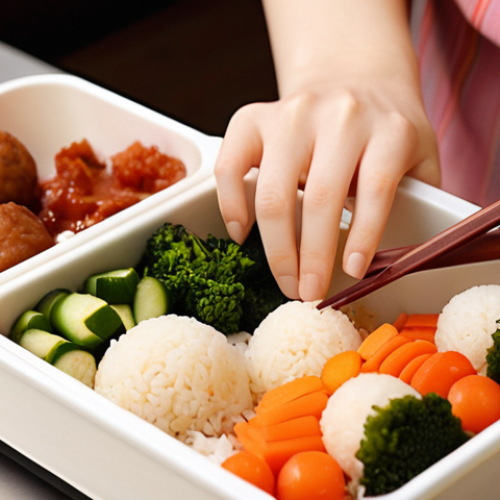 Home 7 **Prompt:** A young woman carefully preparing a bento box with love and attention to detail. The bento includes meticulously arranged rice balls, colorful vegetables, and neatly cut meat. Soft, warm lighting, focus on the food and the woman's caring expression, conveying a sense of heartfelt affection through the act of making food.